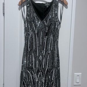 Adrianna Papell Black and Silver Sheath Mini Dress V-Neck Sleeveless